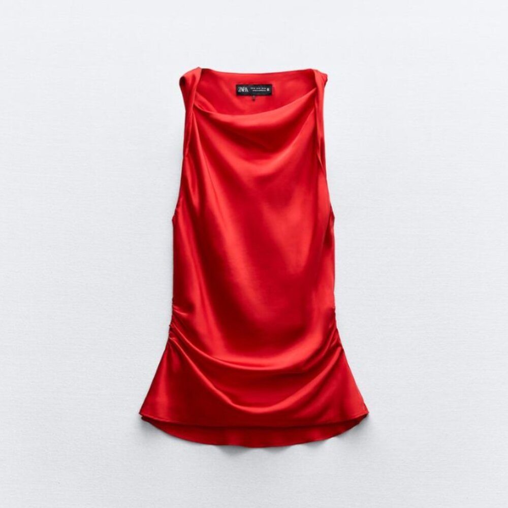 Zara XL Red Satin Tank w/ Twisted Straps and Ruching EUC